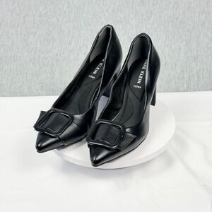 Anne Klein Bentley Black Buckle Pointed Toe Block Heel Pumps Size 6 BENT01FB